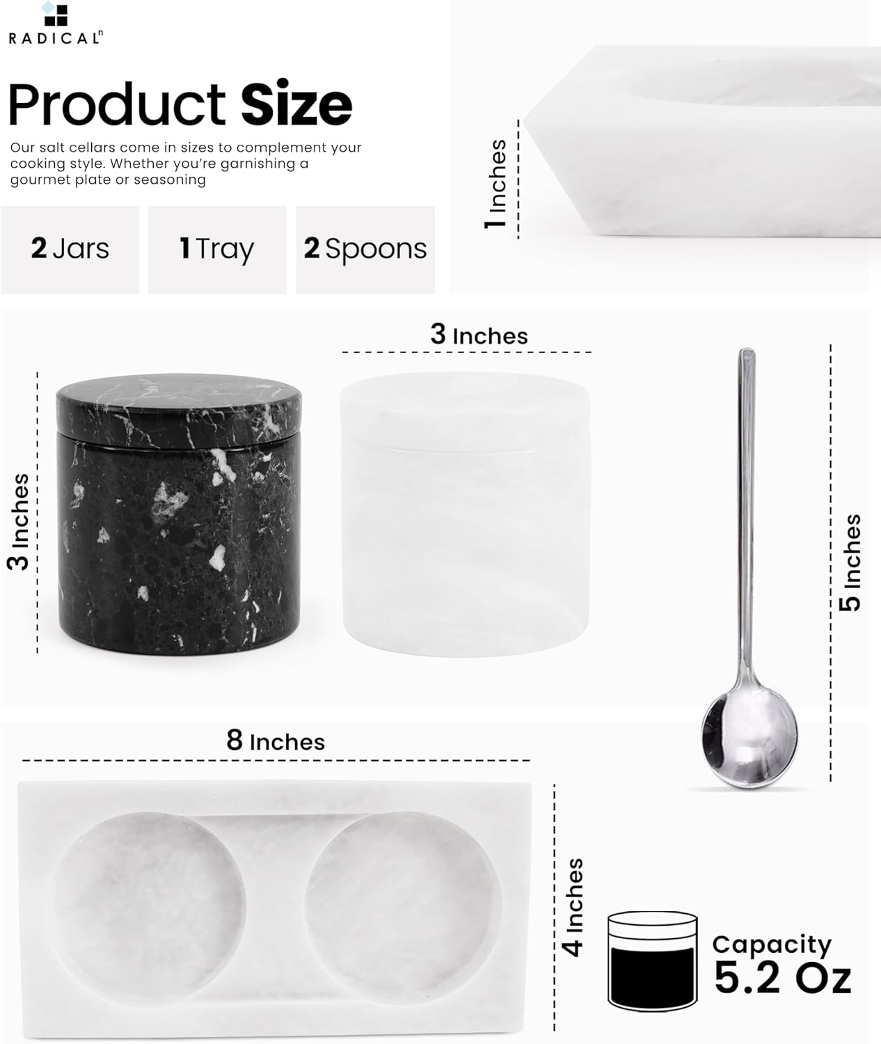 Radicaln Marble Salt Cellar With Lid and Tray 3" Inch Black and White Salt Container, Set of 2 Seasoning Jars, Spice Storage Container and Salt Bowl for Kitchen Countertop