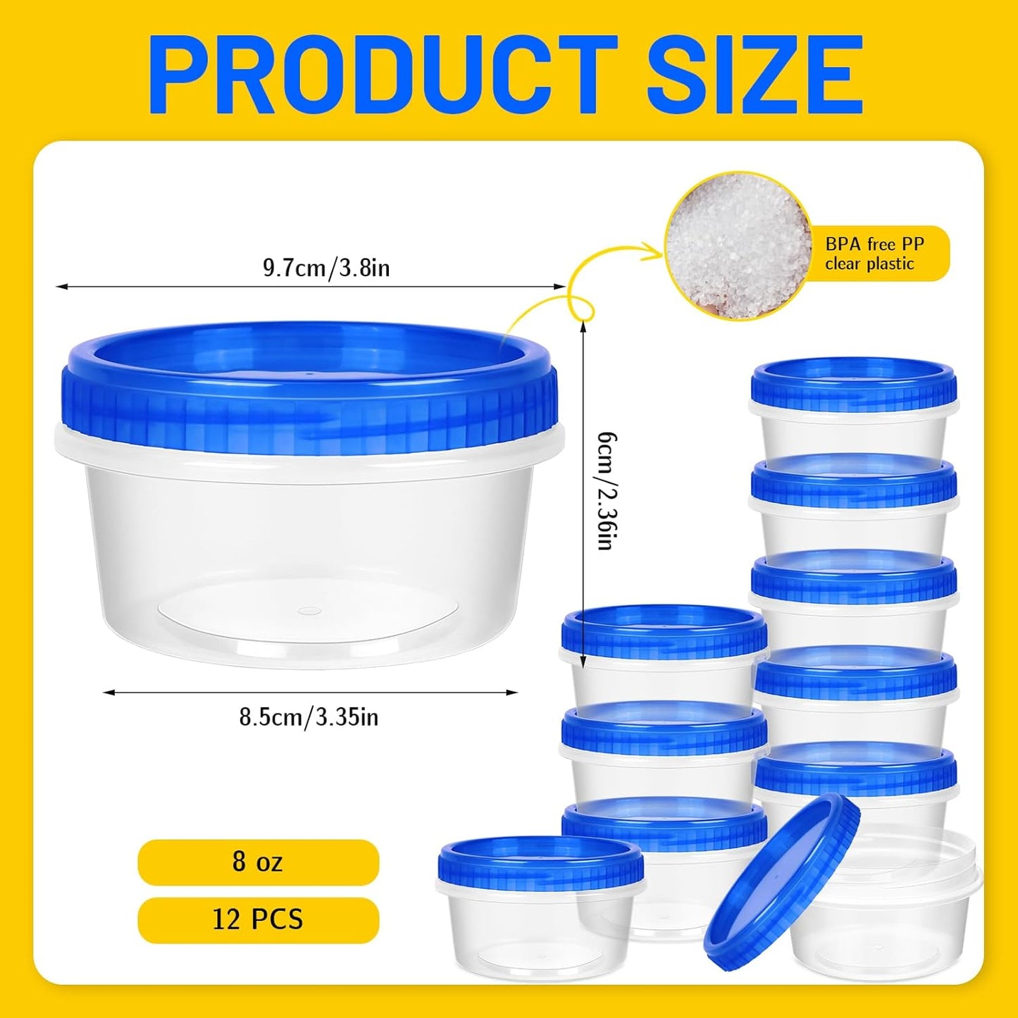12 Pack Freezer Containers with Screw On Lids, 8 Oz Stackable Reusable Plastic Storage Container, Airtight Plastic Food Storage Containers with Twist Top Lids for Food Soup Jello Sauce