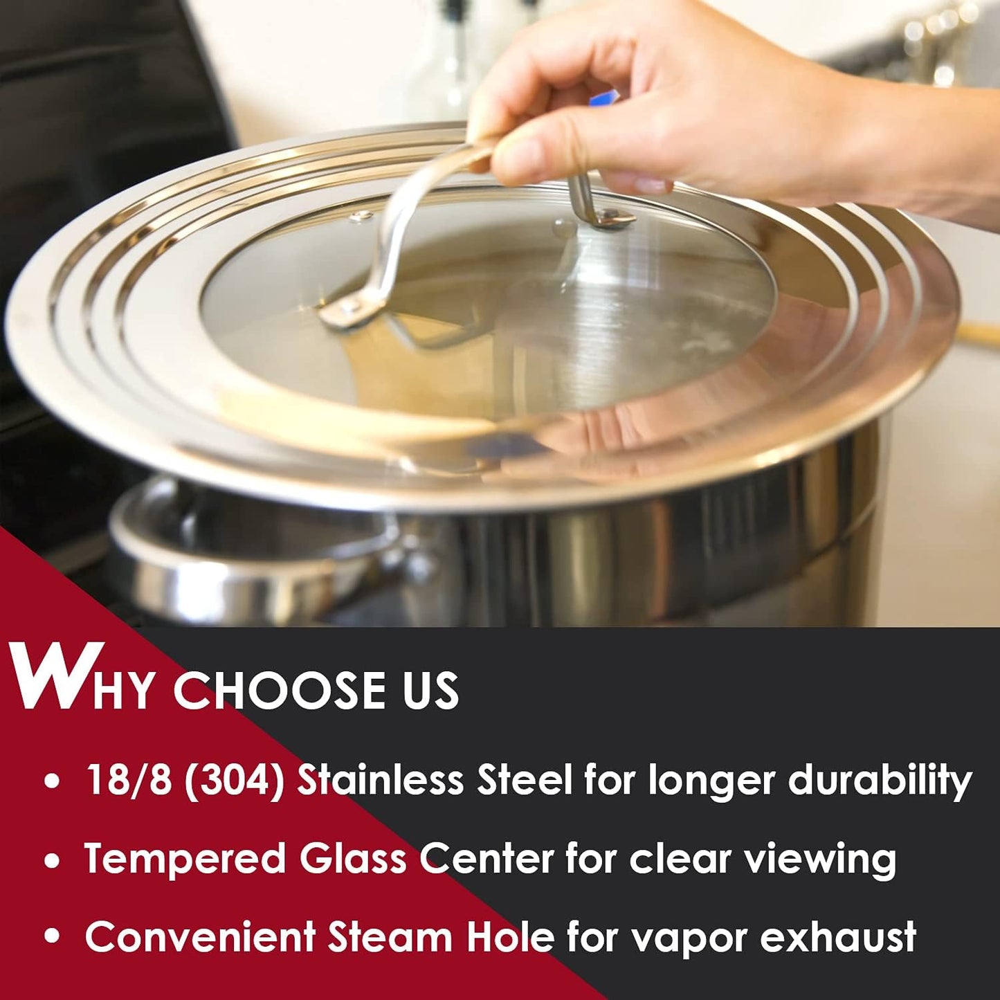 Stainless Steel Universal Lid for Pots, Pans and Skillets - Fits 7" to 12" Pot and Pans - Tempered Glass with Stainless Steel Rim Replacement Frying Pan Cover and Cast Iron Skillet Lid