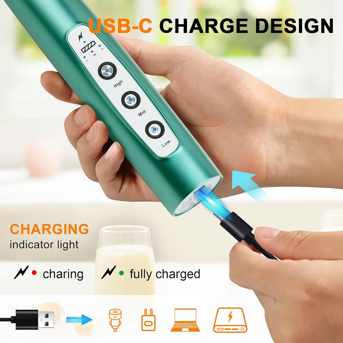 YUSWKO Green Handheld Milk Frother Wand for Coffee, Rechargeable Electric Whisk with 3 Heads 3 Speeds Drink Mixer Coffee Frother For Latte, Cappuccino, Hot Chocolate, Egg