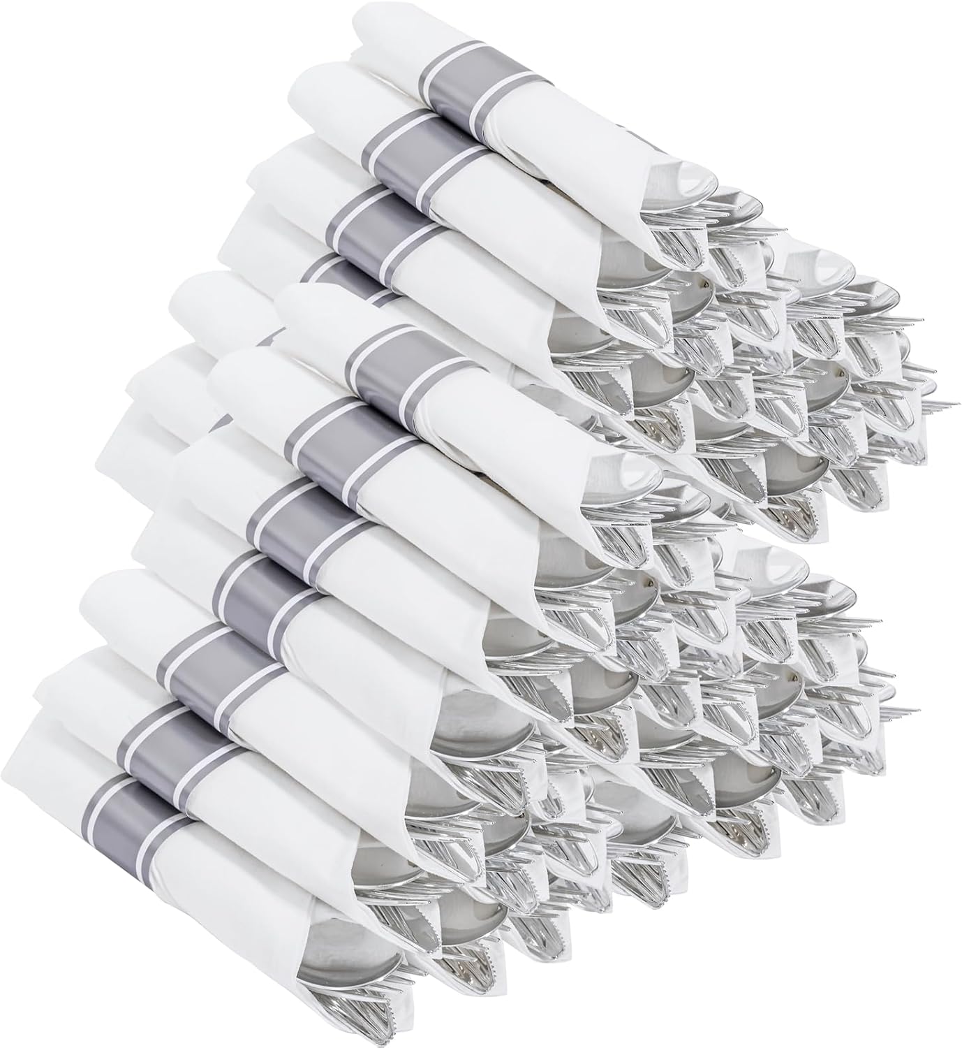 400PCS Pre Rolled Silver Plastic Silverware Sets - Heavy Duty Silver Cutlery - Include 100 Pack Wrapped Disposable Utensils with Napkins for Parties & Dinners & Weddings