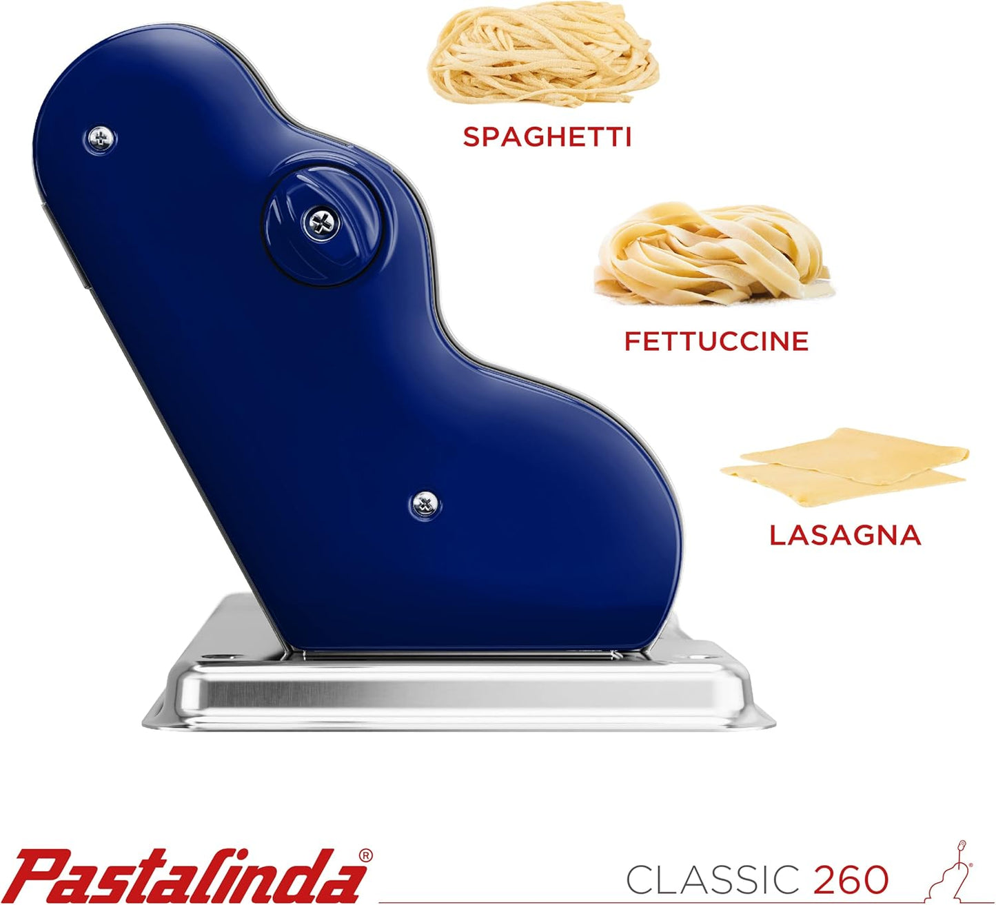 PASTALINDA Classic 260 Pasta Maker Machine, 26 cm Wide Rollers, 9 Thickness Positions, 2 Cutting Positions, Stainless Steel. Includes Reinforced Hand Crank And Two Clamps (Navy blue)