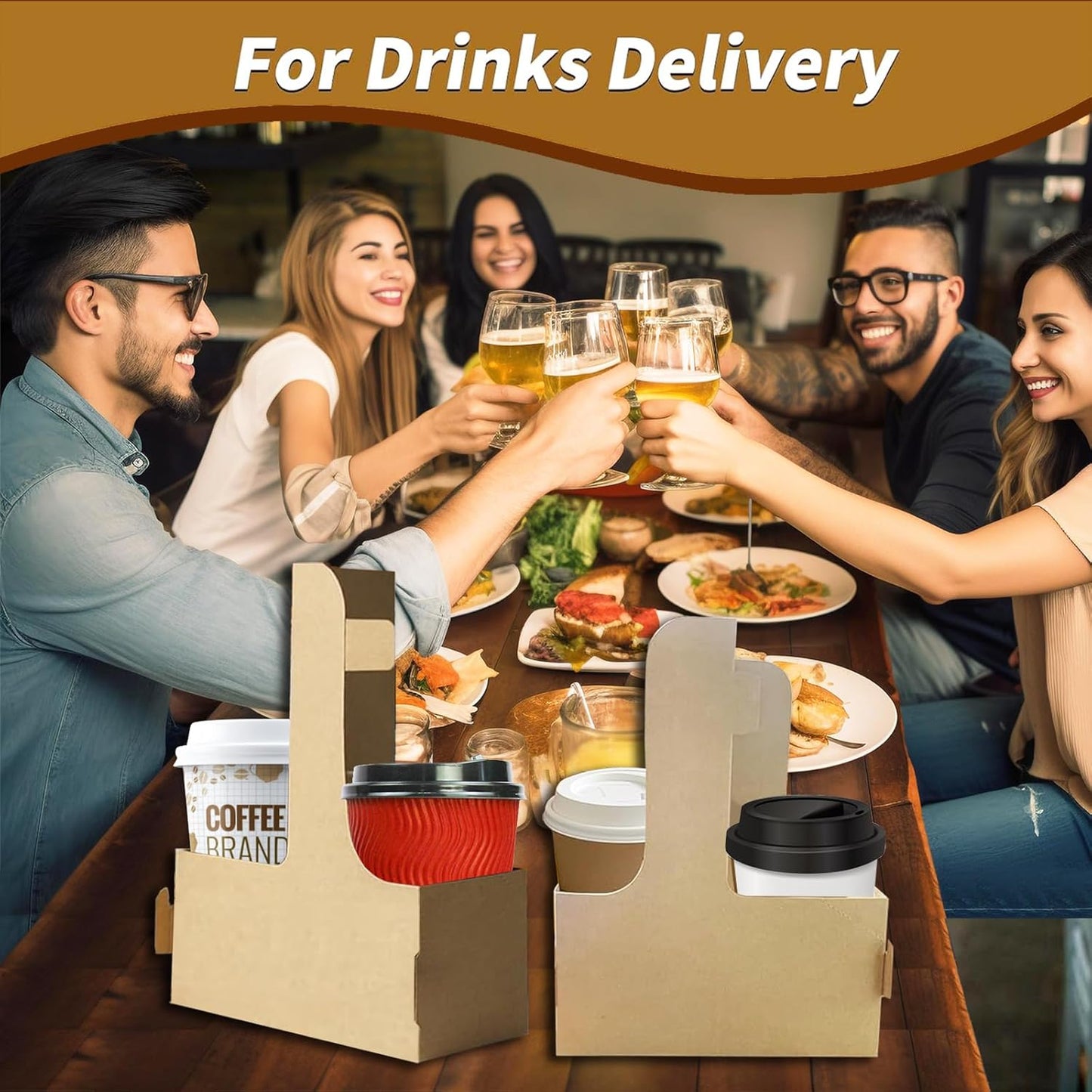 50PCS 2 Cup Disposable Drink Carrier with Handle, Floral Wrap Packing Gift Box, Portable Take Out Cup Carriers for Delivery Coffee Beverage, Kraft Paperboard Cup Holder for Hot or Cold Drinks