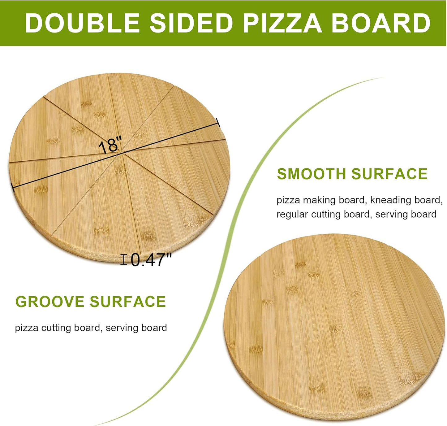 18" Pizza Cutting Board Extra Large Round Cutting Boards Double Sided 2XL 18inch Tray Pizza Oven Accessories Prep Board Paddle Wooden with Cutting Grooves Circular Circle Bamboo Serving Platter