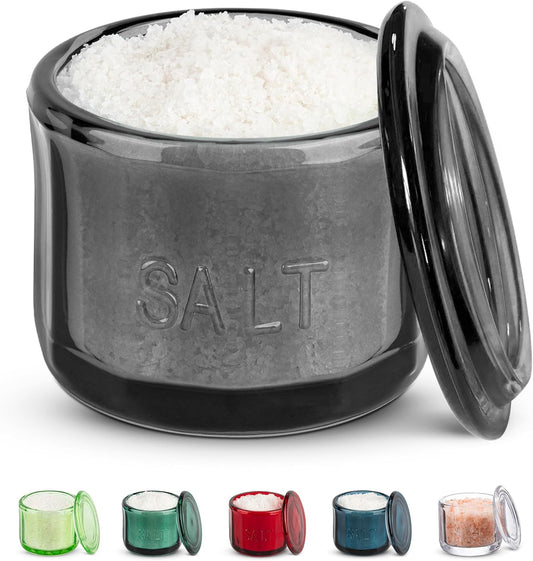 KooK Glass Salt Cellar, with Lid, Embossed Pressed Glass, Clear Storage Container, for Coffee, Sugar, Spices and Candies, 10 oz (Black)