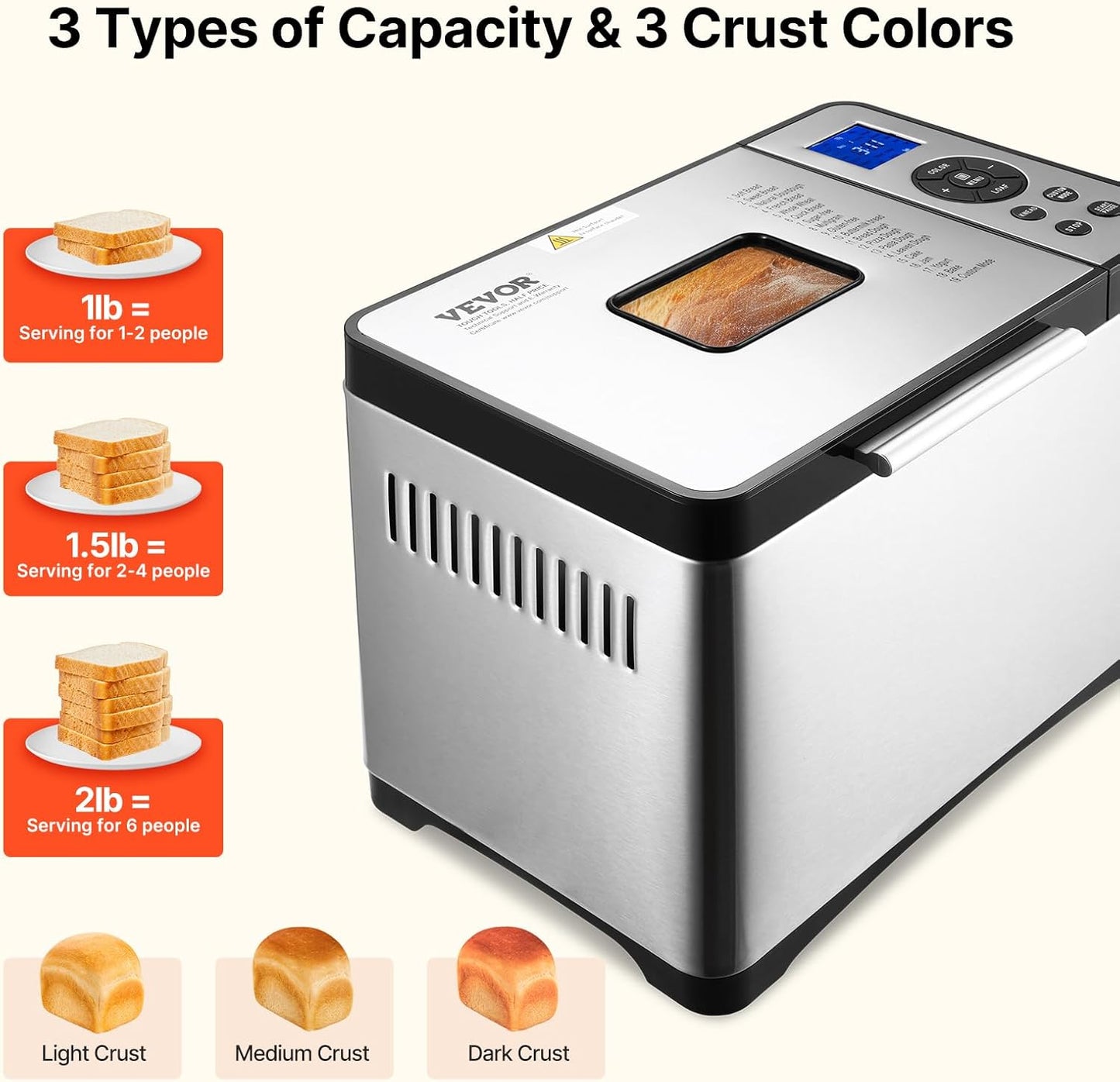 VEVOR Bread Maker, 19-in-1 2LB Dough Machine, Nonstick Ceramic Pan Automatic Breadmaker with Gluten Free Setting, Whole Wheat Bread Making, Digital, Programmable, 3 Loaf Sizes, 3 Crust Colors