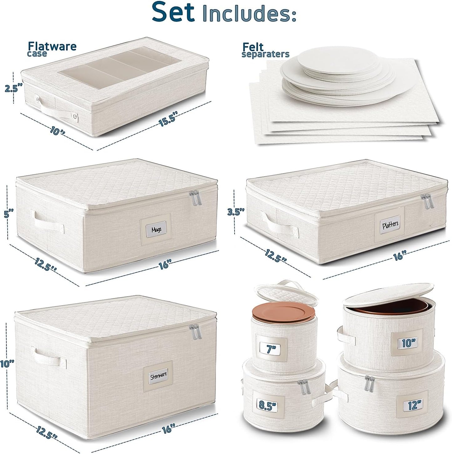 Fine China Storage Containers, 8 Piece Quilted Dish Storage Containers for Flatware & Utensil, Mug, Platter and Wine Glass with Felt Dividers, Durable Dinnerware Dish Organizers for Moving, Cream