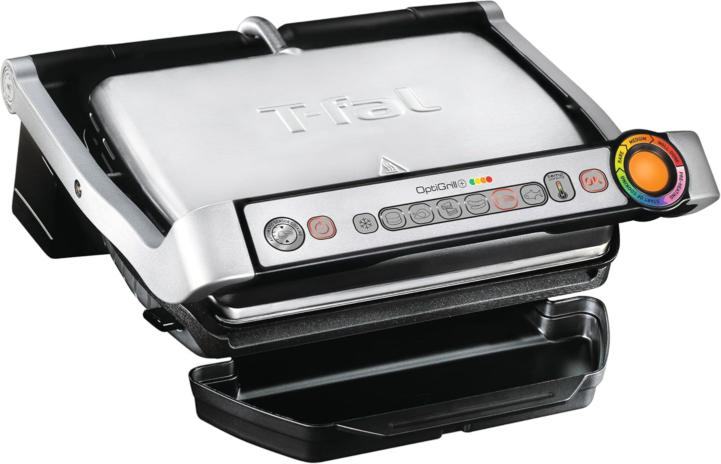 T-Fal OptiGrill Stainless Steel Electric Grill 4 Servings 6 Automatic Cooking Modes, Intelligent grilling rare to well-done 1800 Watts Nonstick Removable Plates, Dishwasher Safe, Indoor, Silver