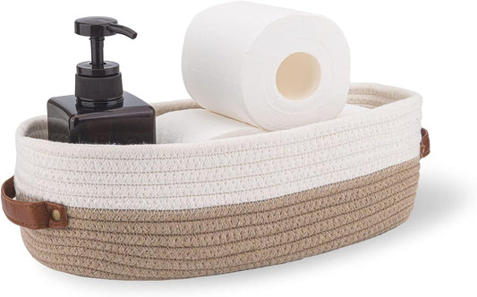 Cotton Rope Bathroom Decor Basket,Toilet Paper Holder Basket,Farmhouse Home Decor Organizing Baskets 13"x5.9"x4" Brown Stitching White
