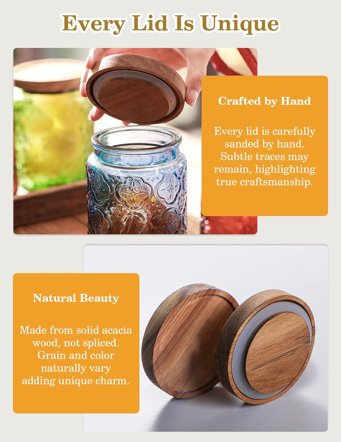 Glass Jars with Airtight Wood Lids – 24 OZ Kitchen and Pantry Canisters Sets, Decorative Vintage Storage Containers for Candy, Coffee, Cookie, Cereal, Flour, Sugar, Tea, Set of 4 Sunflower