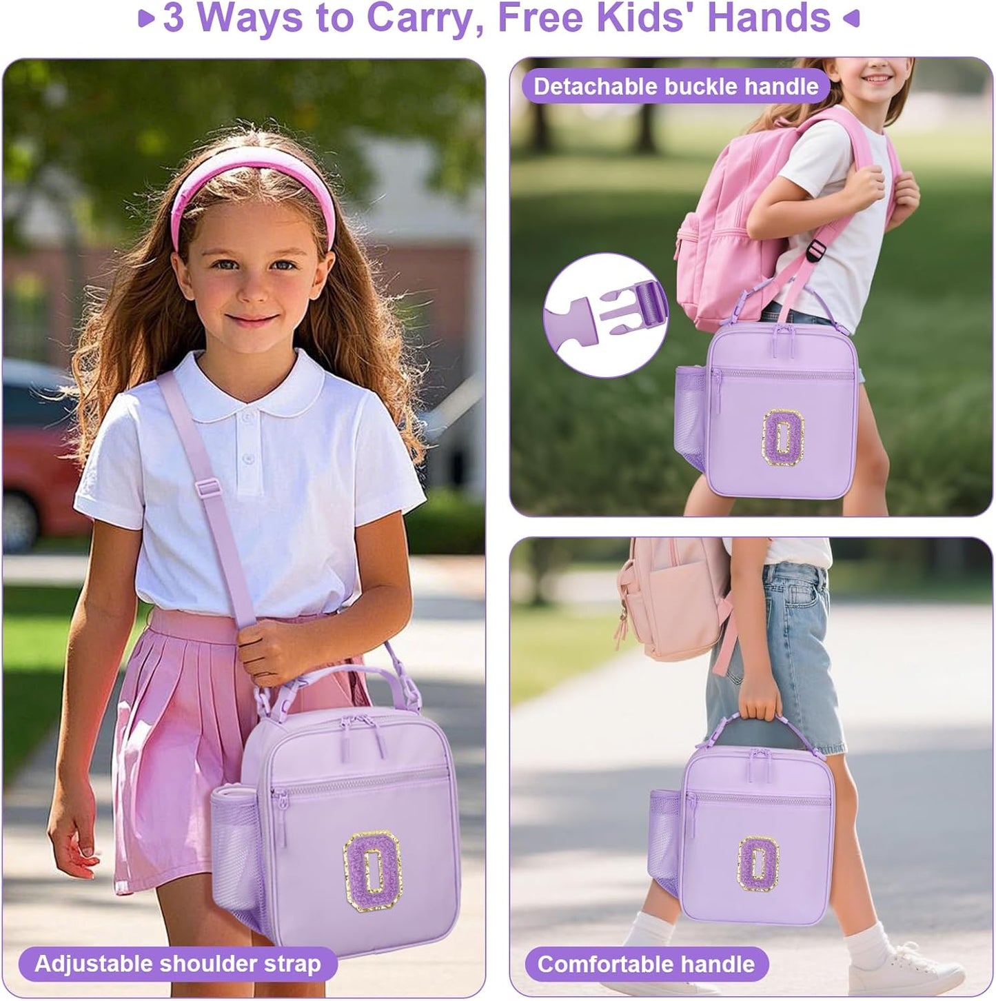 Initial Insulated Lunch Bag for Girls Kids, Back to School Gift, Reusable Leak-proof Lunch Box with Adjustable Strap for School Daycare Travel Picnic (Purple,O)