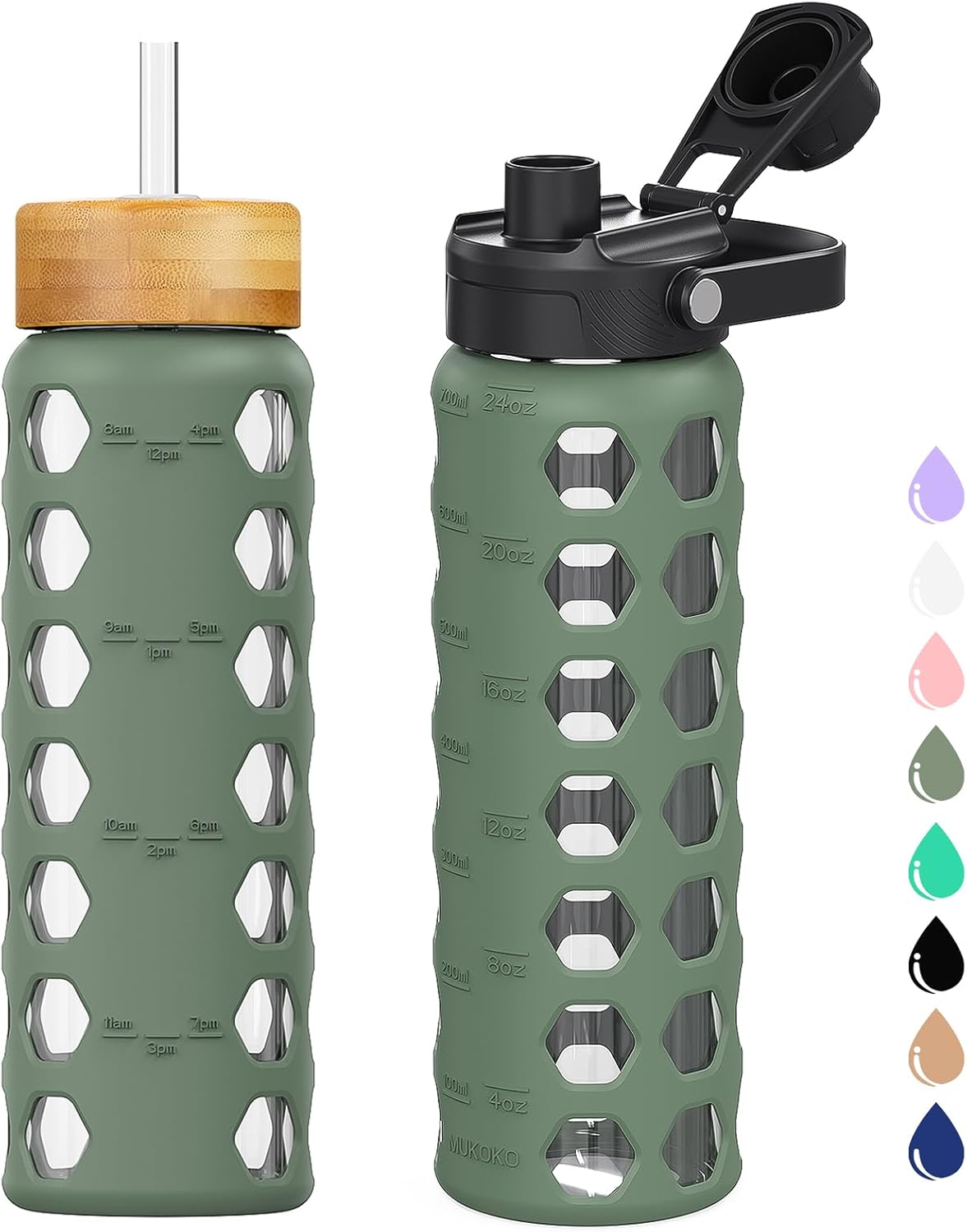MUKOKO Glass Water Bottles, 24oz Glass Tumbler with Straw, Drinking Bottles with 2 Lids-Handle Spout Lid&Bamboo Straw Lid, Motivational Water Bottle with Time Marker and Silicone Sleeve, 1 Pack-Olive