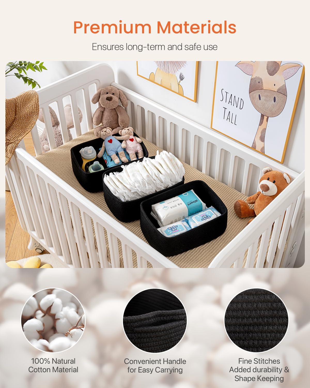 Small Woven Basket, 13.5 x 9.5 x 5 Inches, Storage Basket for Organizing, Cute Small Rope Shelf Closet Cube Storage Bins Baskets for Shelves, Dog Toy Gift Baskets Empty, 3 Packs, Black