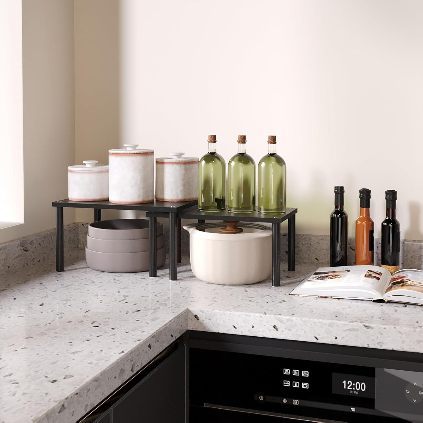 Cabinet Organizer Shelf(Set of 2),Kitchen Counter Shelves,Bamboo Spice Rack Countertop and Cabinet,Stackable Expandable,Medium(Black)