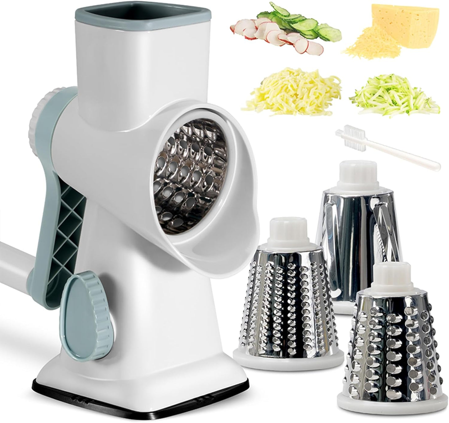 Cheese Grater Hand Crank Rotary Vegetables Shredder with Handle, 3-in-1 Graters with Interchangeable Blades and Strong Suction Base Multifunctional Slicer for Kitchen,white