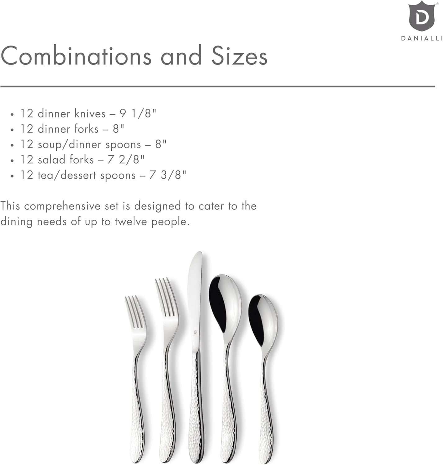 Matte Silverware Set, 18/10 Stainless Steel Satin Flatware, Modern Brushed Finish Cutlery, Dishwasher Safe & Durable, Built to Last (60-Piece, Marettimo Hammered)