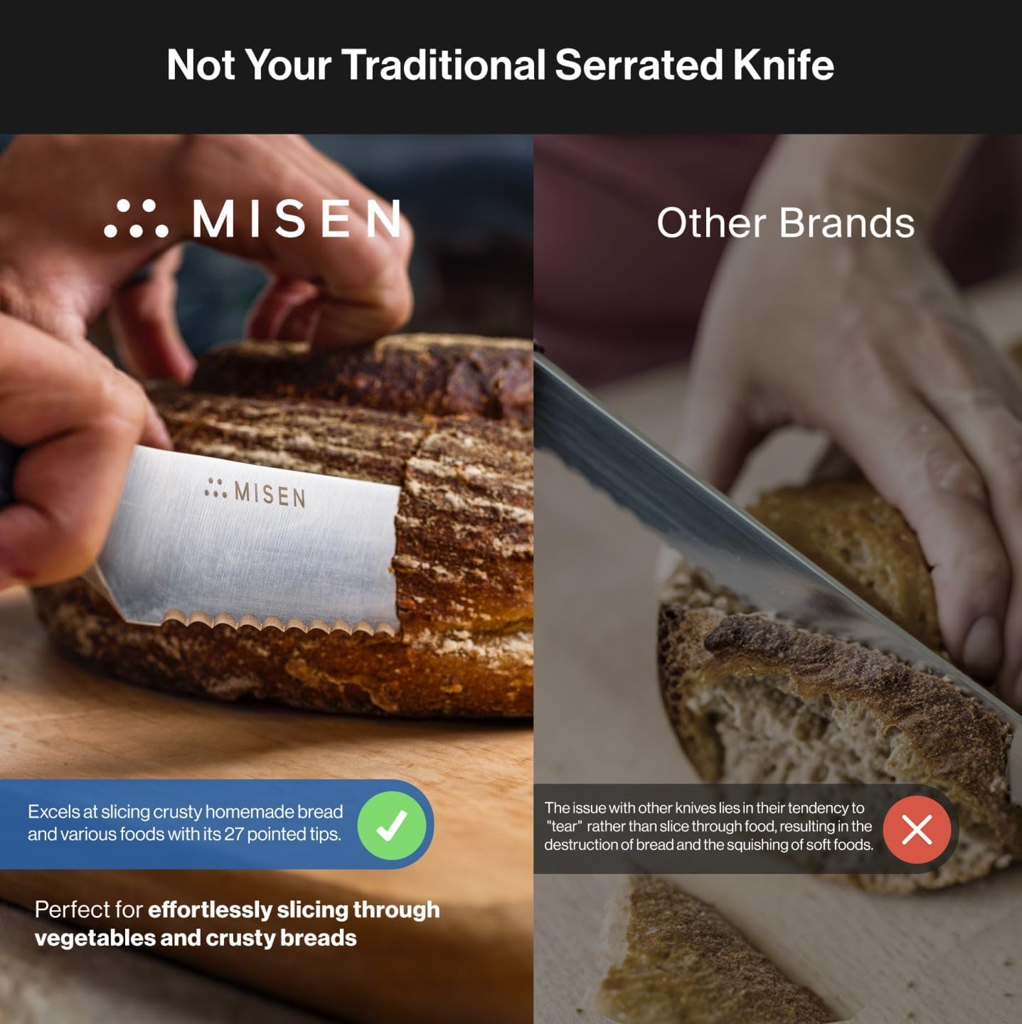 Misen Serrated Bread Knife – High-Carbon Japanese AUS8 Steel – Effortless Slicing of Bread, Pastries, and Fruits – Razor-Sharp Edge and Durable Blade with Ergonomic Handle - 10", Black