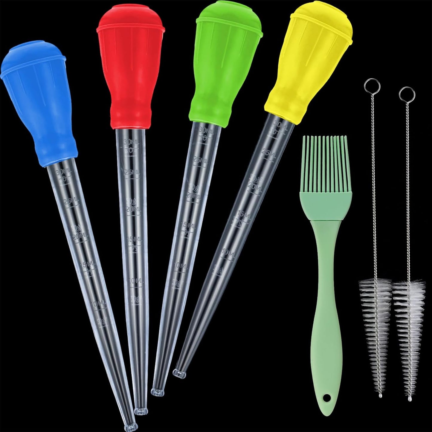 Boao 7 Pcs Heat-resistant Turkey Baster Cooking Set Includes 4pcs Large Turkey Basters for Cooking, 1 Silicone Basting Brush and 2 Cleaning Brush for BBQ Grill Butter Drippings, Glazes, Roasting Juice