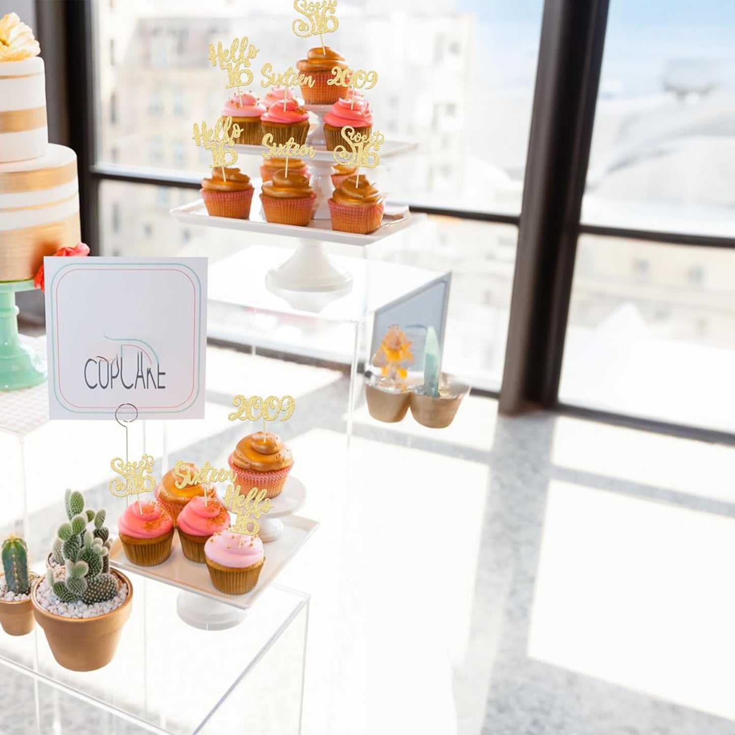 Gyufise 24pcs Sweet 16 Cupcake Toppers - Gold Glitter, Hello 16, Cupcake Picks, Cake Decorations for 16th Birthday Party Supplies