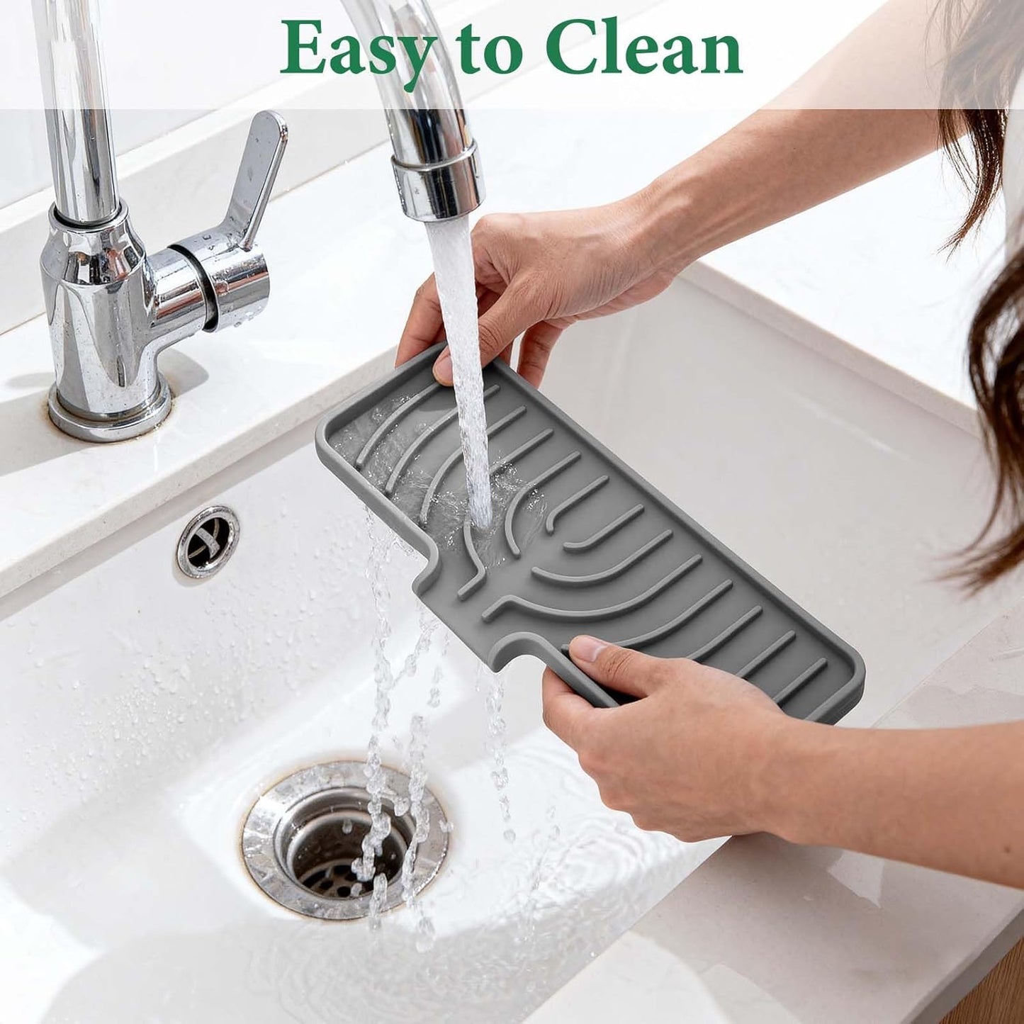 GUUKIN Silicone Sponge Holder, 9.8"×4.9" Sponge Holder for Kitchen Sink, Soap Tray with Drain, Dish Soap Mat for Shower Bathroom（Grey）