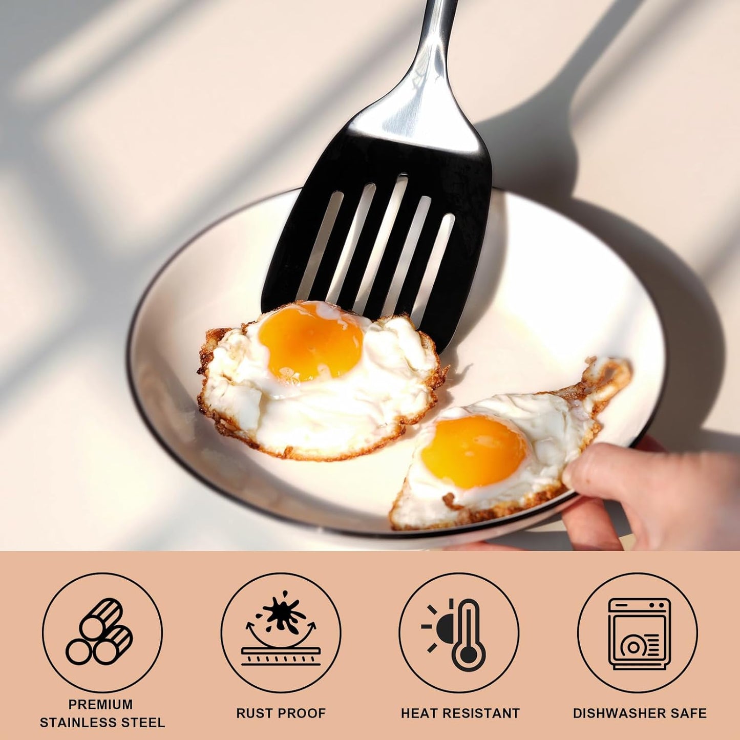 3-Piece Cooking Utensils Set Stainless Steel Large Serving Spoons Set Slotted Spoon Spatula Turner Skimmer Commercial and Residential Use Dishwasher Safe, Black