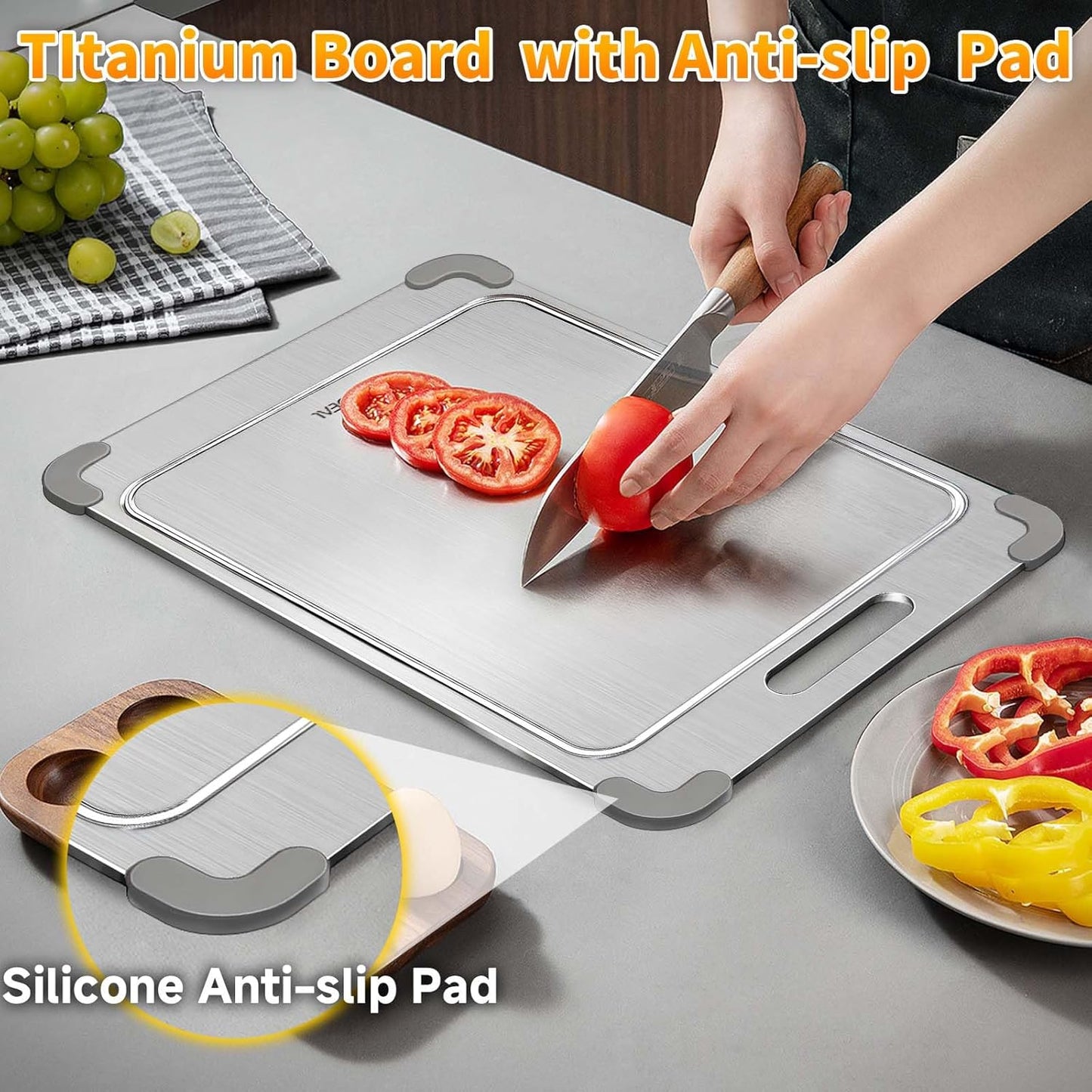 100% Pure Titanium Cutting Board with Grooves, Update Double Side Titanium Chopping Board, Silicone Anti-slip Stainless Cutting Boards for Kitchen 8 * 12, Grey