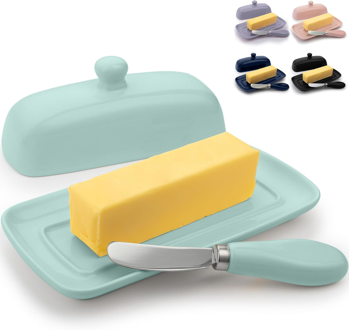 Zulay Butter Dish With Lid For Countertop - Porcelain White, Ceramic Butter Dish with Knob Handle Great for Cooking - Elegant Design Butter Holder - Durable & Sturdy Butter Keeper - Mint