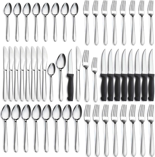 Pleafind 48-Pieces Silverware Set for 8, Flatware Set with Steak Knives, Stainless Steel Cutlery Set, Include Forks Spoons and Knives Set, Dishwasher Safe Utensil Sets for Home Restaurant
