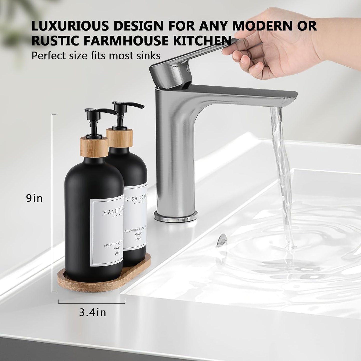 Black Glass Soap Dispenser - Hand Dish Soap Dispenser Set for Kitchen with Sturdy Pump and Tray, 14 Waterproof Labels, Bathroom Refillable Soap Lotion Dispenser-Black