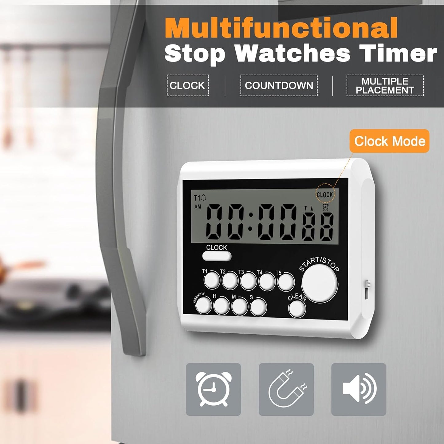 XREXS 5 Channels Digital Kitchen Timer, Clock Mode with Large LCD Display, Cooking Timer, Loud Volume Alarm and Flashing Light with Magnetic Back, Stand, Battery Included