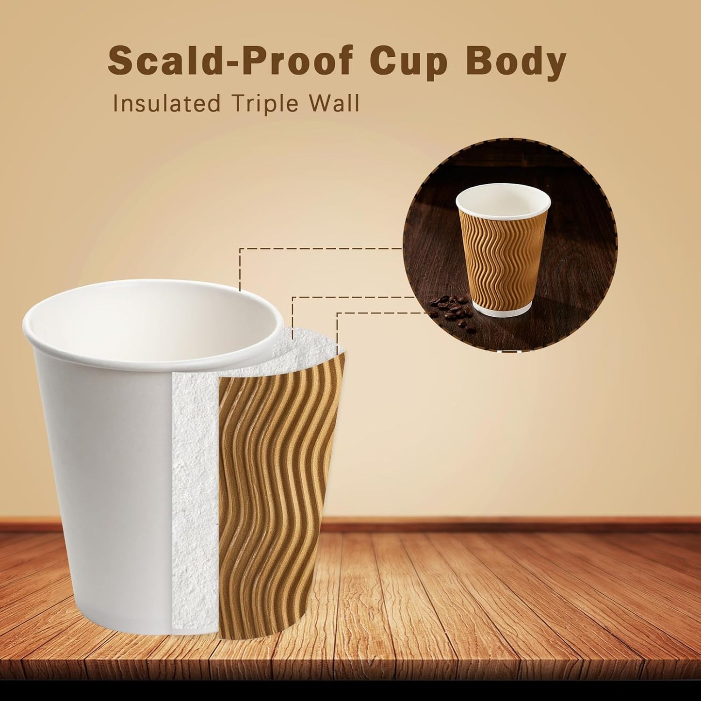 120 Pack 12 oz Coffee Cups, Disposable Corrugated Insulated Ripple Wall Paper Coffee Cups 12oz for Hot or Cold Drinks Office Home Cafe Party Travel (Champagne)