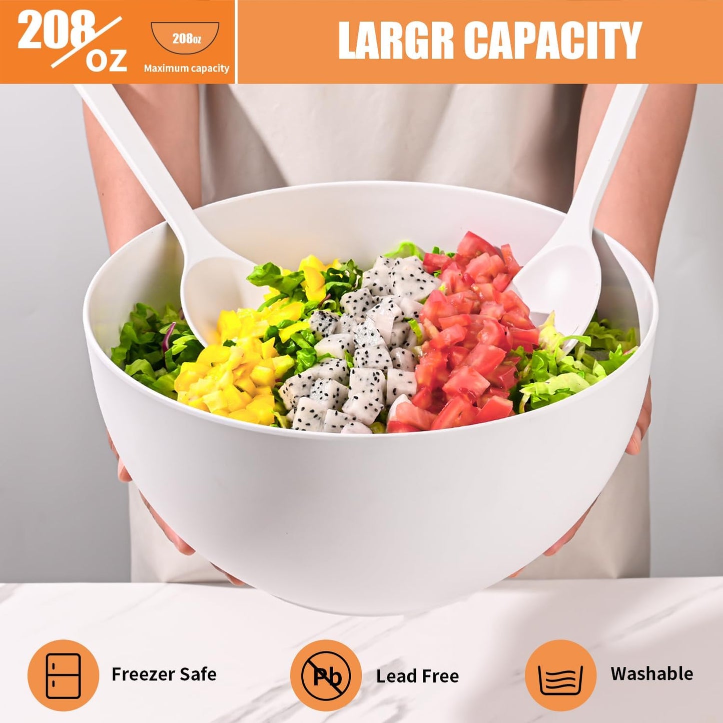 Salad Bowl with Lid, 12" Extra Large Bamboo Fiber Salad Bowl with Servers Set for Kitchen, Nature Bamboo Mixing and Serving Bowl with Lid, Spoon and Fork for Fruits,Salads and Vegetables