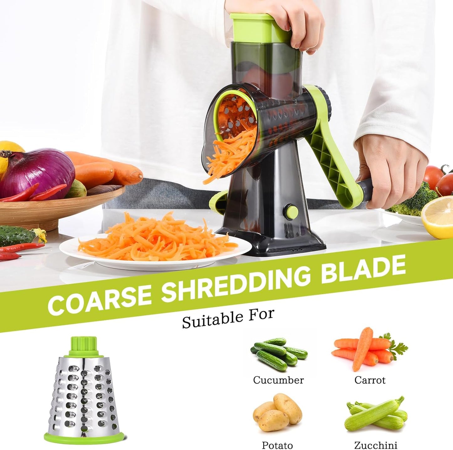 Rotary Cheese Grater Hand Crank Cheese Shredder Vegetable Mandoline Slicer for Kitchen 3 in 1 Changeable Blades for Cheese Potato Nuts Chocolate Ice (Green TSP)