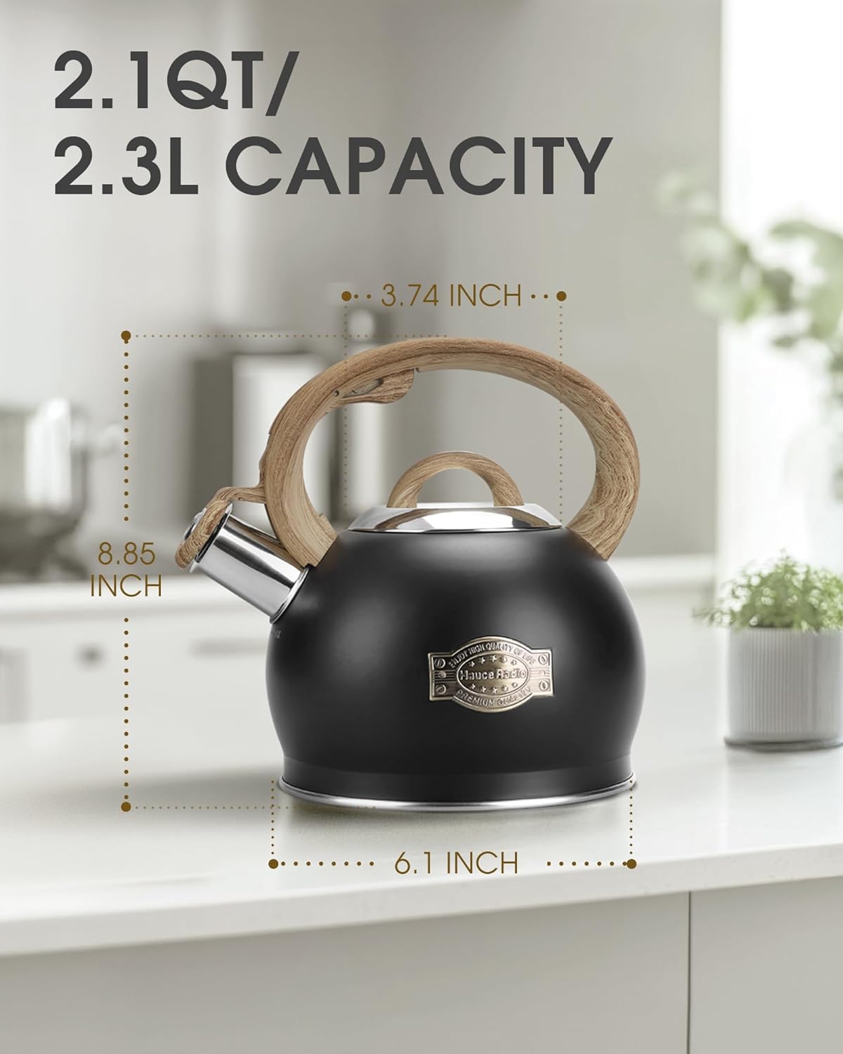 Tea Kettle Stovetop, Black Tea Kettles-2.1 Quart Loud Whistle Stovetop Teapot,Food Grade Stainless Steel with Wood Pattern Handle, Unique Button Control Kettle Outlet for Tea, Coffee