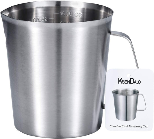 KSENDALO 1.0L/32oz SUS304 Stainless Steel Measuring Cup - Precision Engraved Markings for Liquid, Coffee, Milk & Espresso - 4 Cup Kitchen Mixing Pitcher, Container for Baking & Frothing