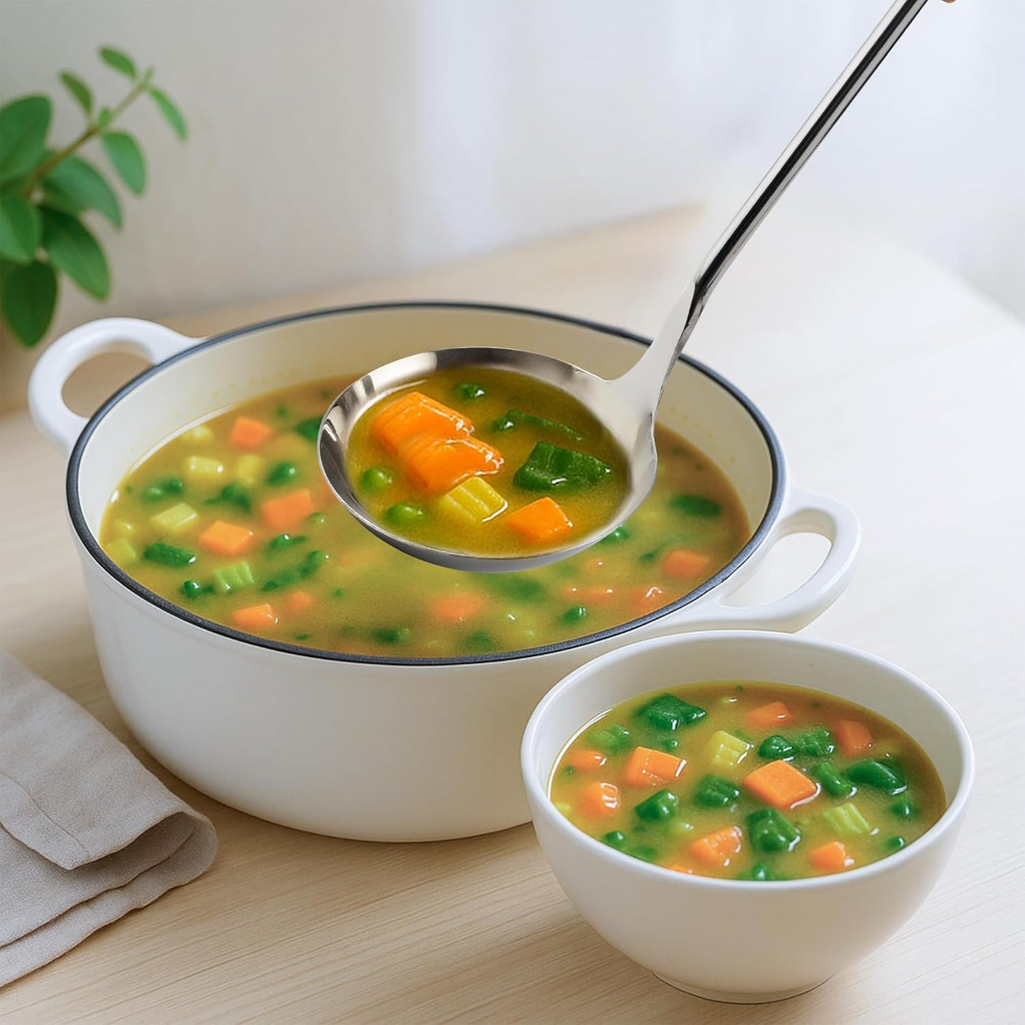 FJNATINH Soup Ladle, Food Grade Stainless Steel Ladle, Cooking Soup Spoon Kitchen Tools with Heat Resistant Wooden Handle, 13.7 Inches