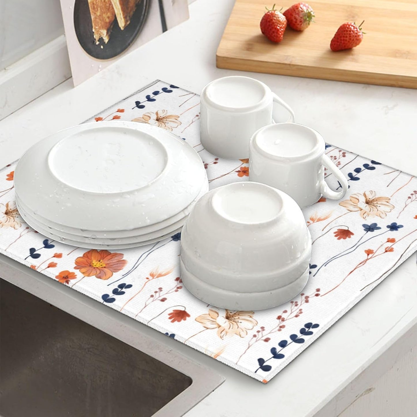 Watercolor Orange Floral Dish Drying Mat for Kitchen Counter Washable Absorbent Reversible Microfiber Orange Flower Decorative Drying Pad Kitchen Accessories 16"x18"