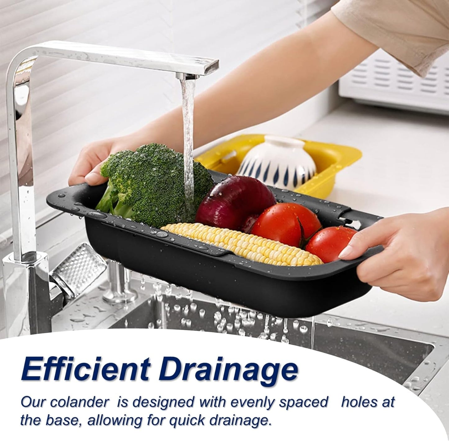 Extendable Sink Colander Strainer Basket - Wash Vegetables and Fruits, Drain Cooked Pasta and Dry Dishes - Adjustable Over the Sink Colander Collapsible Drainer Basket - Black