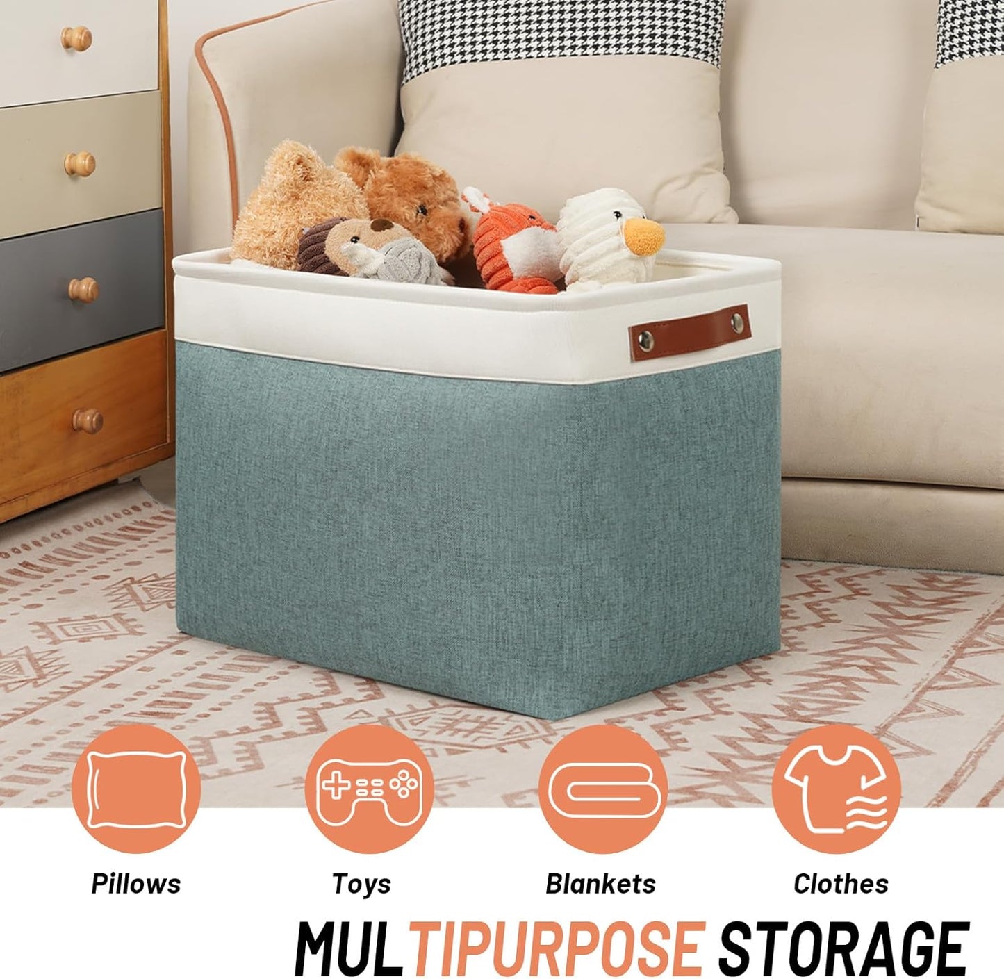 DULLEMELO Large Storage Baskets, Storage Basket with Handles for Shelves, Linen Closet Organizers for Home Office, Decorative Storage Baskets for Toys Storage (3 Pack, White&Deep Green)