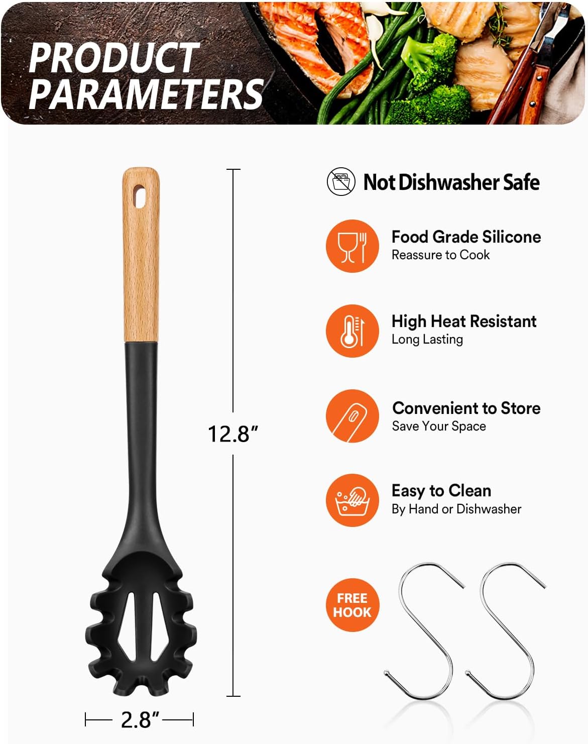 Silicone Pasta Fork, Kitchen Heat Resistant Noodle Spoon Server, BPA Free Spaghetti Strainer,12.8 inch