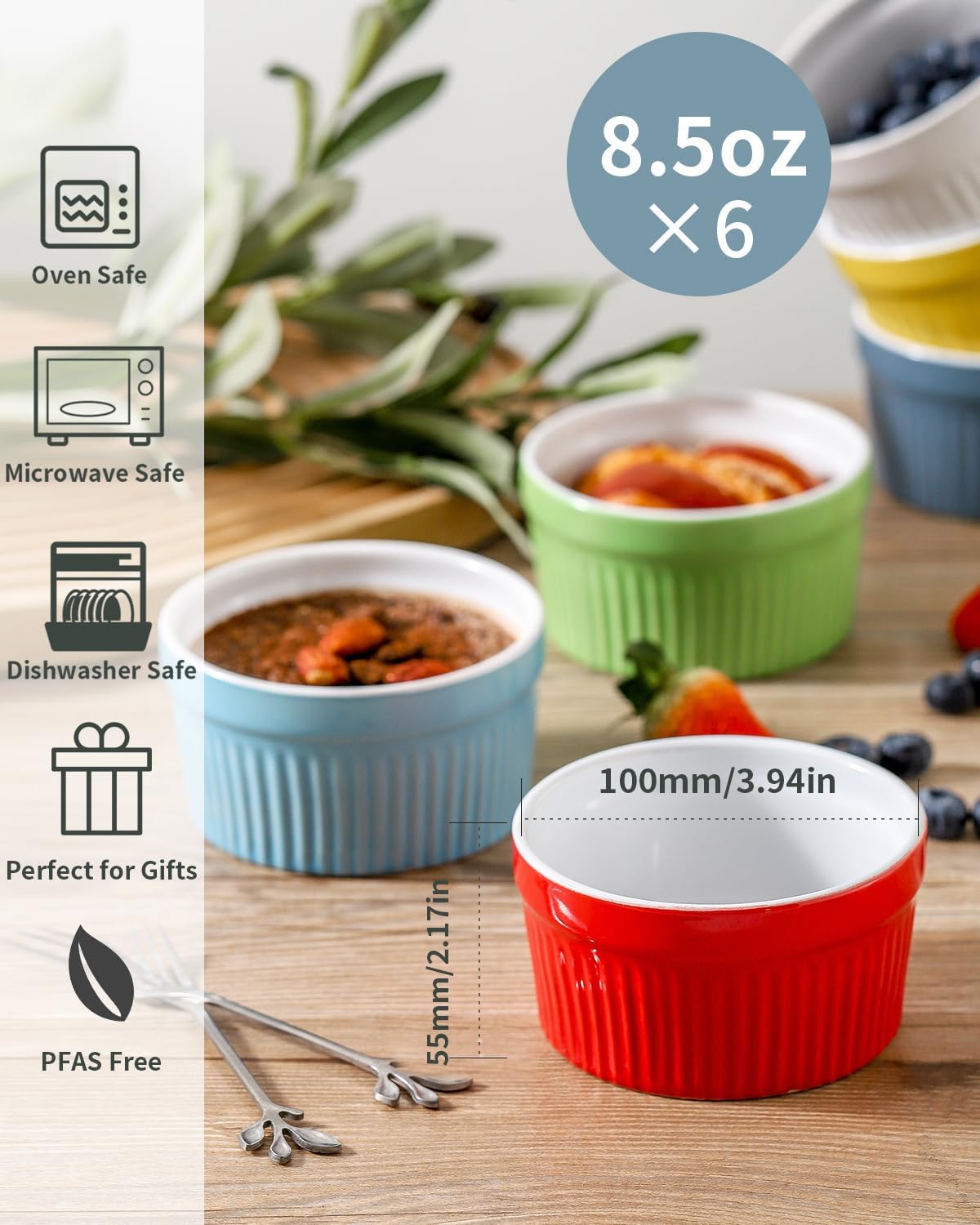 Hasense Ramekins Oven Safe, 8 oz Ramekins for Baking Souffle Set of 6, Ceramic Dipping Sauce Cups for Pudding, Ice Cream, Custard, Dessert Bowls Porcelain, Dishwasher Safe, Multi color