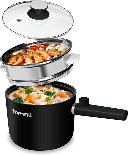 Topwit Hot Pot Electric with Steamer, 1.5L Ramen Cooker, Non-Stick Frying Pan, Electric Pot for Pasta, BPA Free, Electric Cooker with Dual Power Control, Over-Heating & Boil Dry Protection, Black