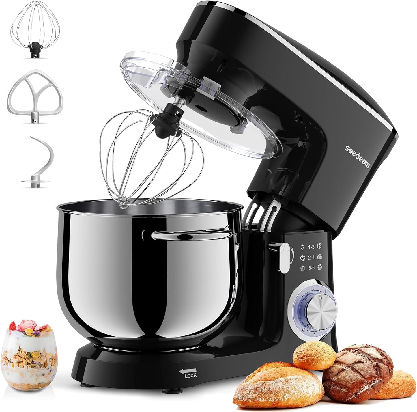 SEEDEEM 8.5 Qt Stand Mixer, 660W 6+P Speeds Electric Stand Mixer, Tilt-Head Kitchen Mixer with Dishwasher-Safe Dough Hook, Wire Whip & Beater for dough mixer Baking Daily Use, Black
