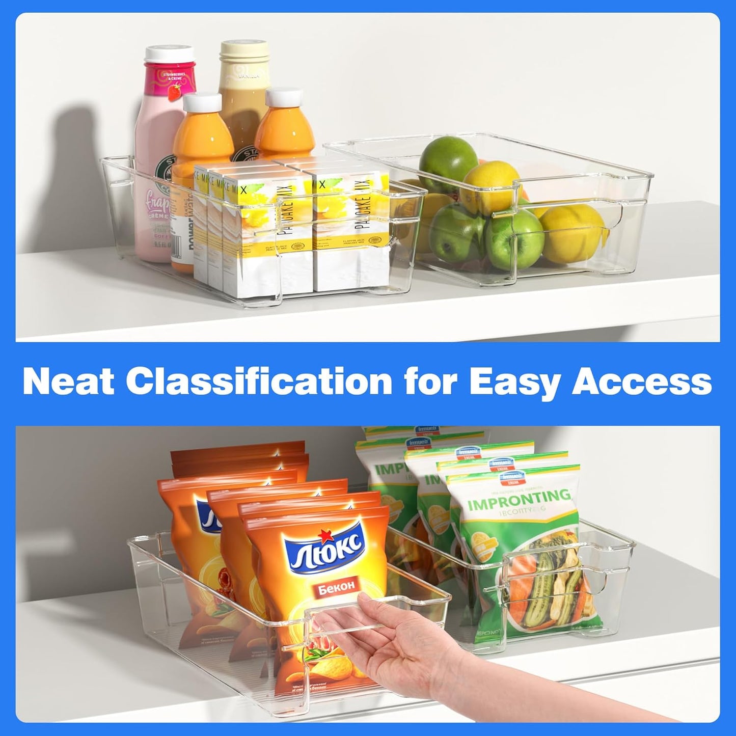 4 Pack Clear Refrigerator Storage Bins, Stackable Plastic Fridge Organizer Kitchen Pantry Storage Bins with Handles for Snacks, Freezer, Kitchen Cupboard, and Cabinet Organization