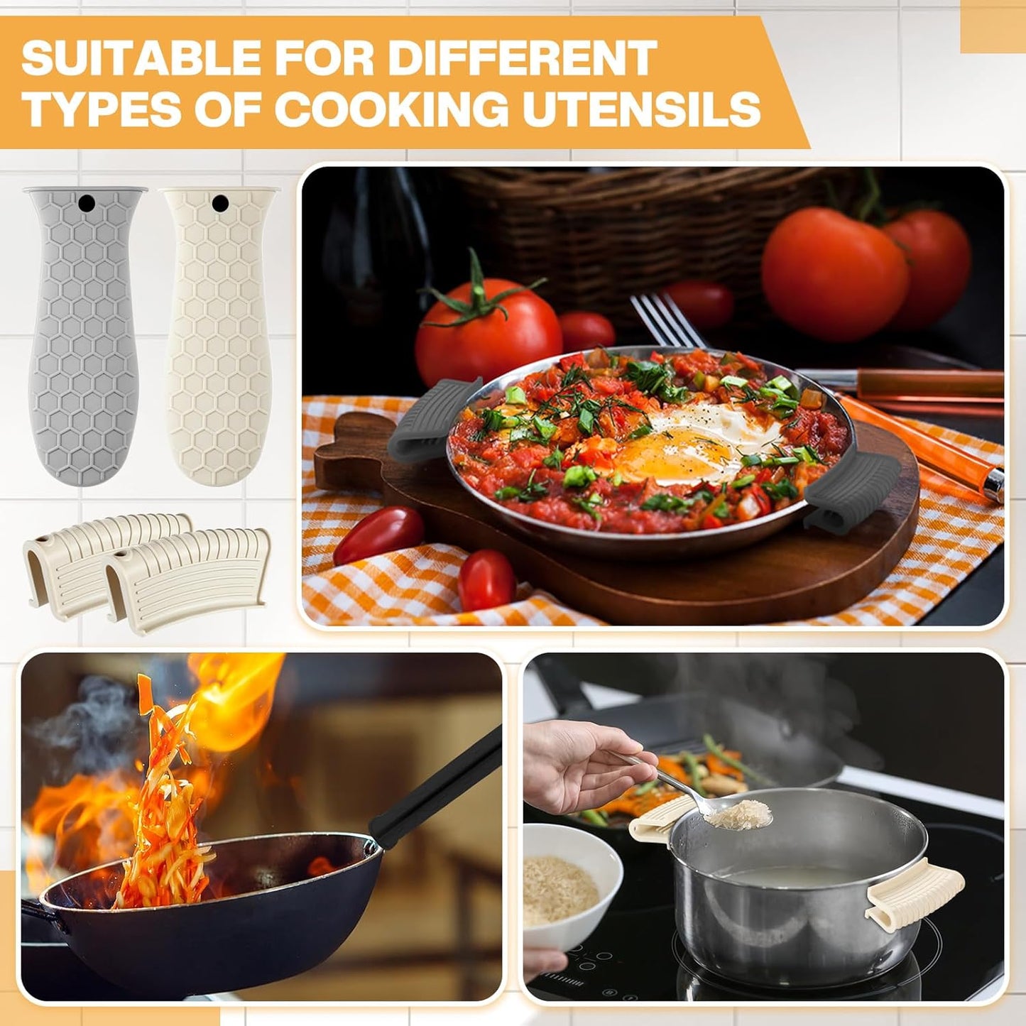 Patelai 8 Pcs Silicone Pot Holders Cast Iron Handle Cover Heat Resistant Pot Handle Covers Potholder Non Slip Reusable Pan Sleeve for Frying Pan Kitchen Supplies (Black,Gray,Light Gray,Khaki)