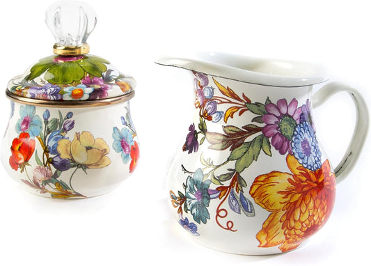 MACKENZIE-CHILDS Enamel Creamer and Sugar-Bowl Set, Cream Dispenser and Sugar Holder, Unique Kitchen Decor, White Flower Market