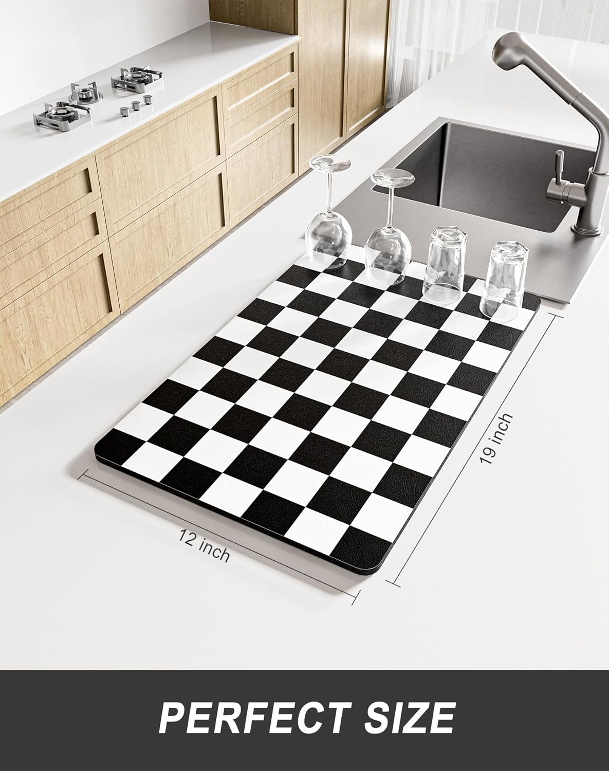 Rnivvi Dish Drying Mat for Kitchen Counter, 12 x 19" Cute Checkered Absorbent Draining Pad, Non-Slip Heat Resistant Coffee Bar Mats for Coffee Machine Station Accessories, Black White Dish Rack Pad