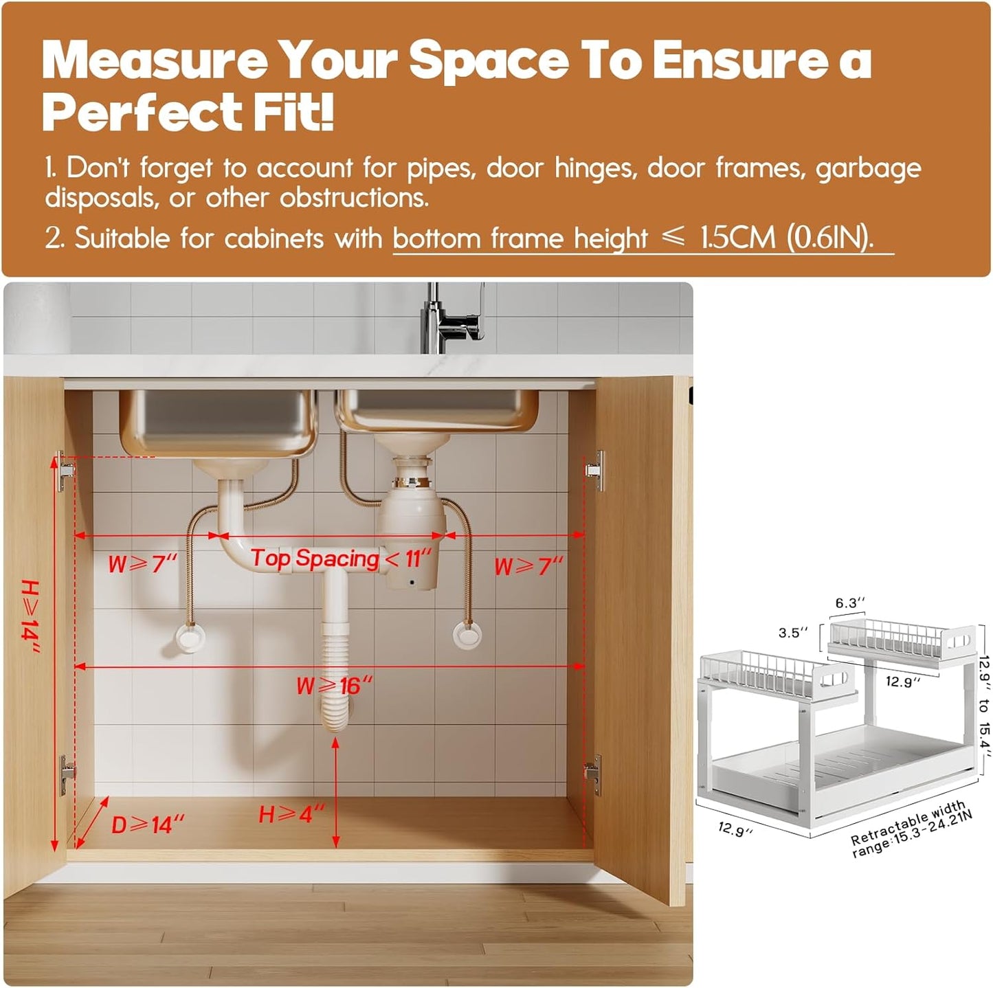 1 Pack Expandable Under Sink Organizers Storage With Upgrade Ball-Bearing Slide Tracks,2-Tier Pull Out Under Cabinet Organizer Height Adjustable,Not Suitable For Cabinets With Partitions In The Middle