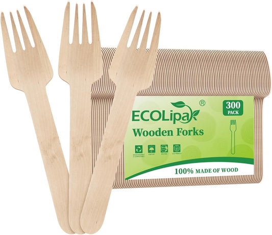 ECOLipak 300 Count Wooden Forks Disposable, Wooden Disposable Compostable Forks for Eating, Party, Camping, Traveling, Family Dinners