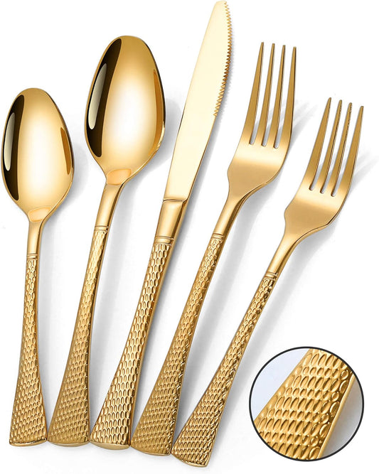 Hammered Gold Silverware Set for 8,Stainless Steel 40-Piece Modern Cutlery Set,Mirror Polished Heavy Duty Flatware Set Utensil Set,Knives Spoons and Forks Set,Dishwasher Safe
